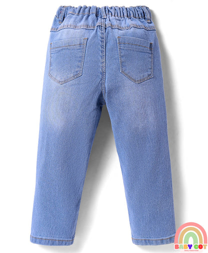 Denim Full Length Washed Stretch Jeans With Floral Embroidery - Blue