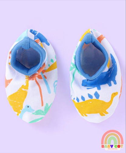 100% Cotton Knit Cap Mittens & Booties with Dino Print - White & Blue