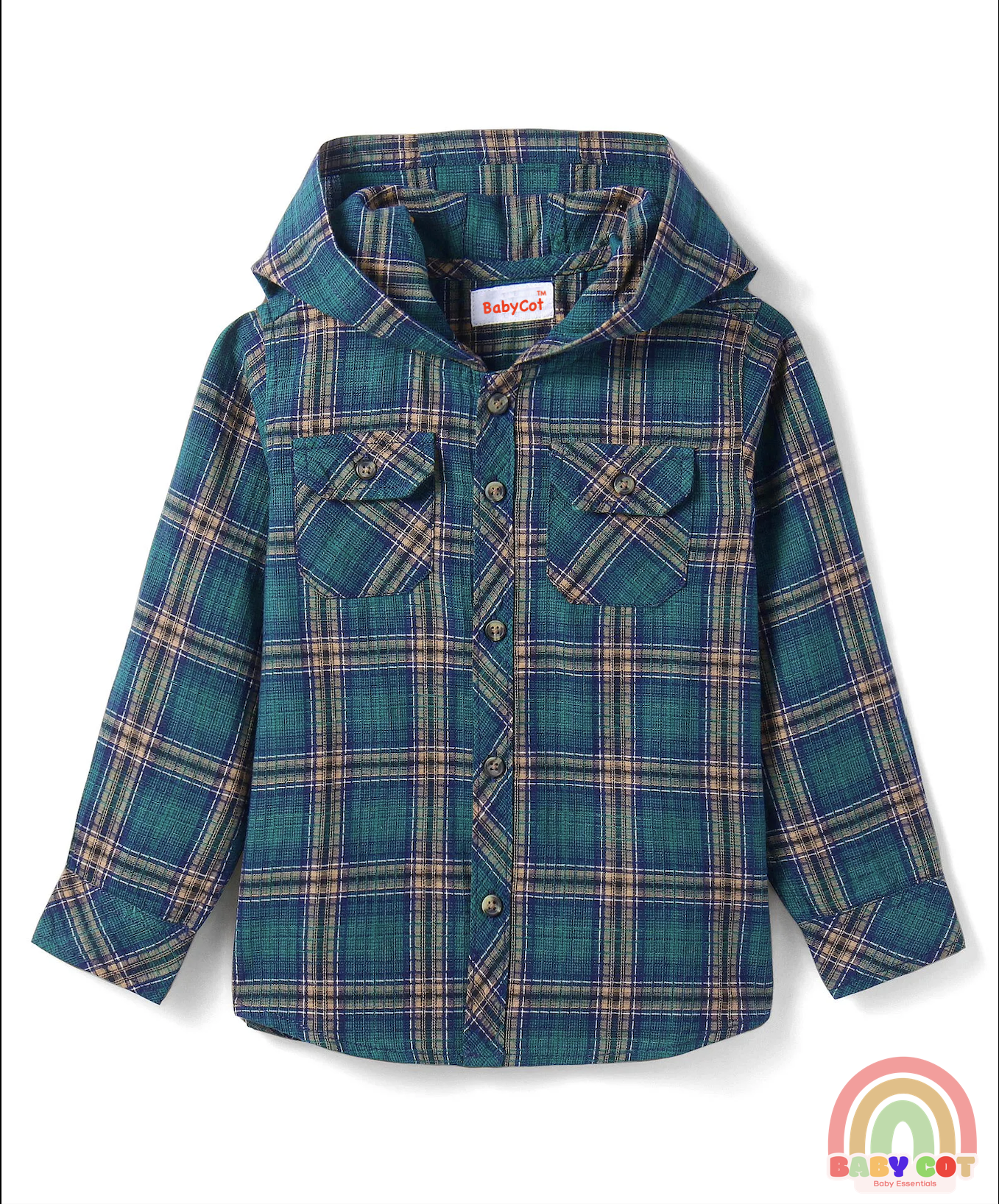 Cotton Woven Full Sleeves Checkered Hooded Shirt - Dark Green