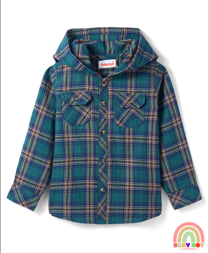 Cotton Woven Full Sleeves Checkered Hooded Shirt - Dark Green