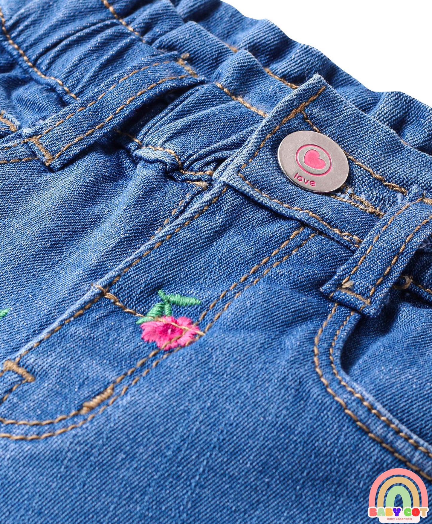 Full Length Stretchable Denim Jeans with Floral Embroidery - Blue