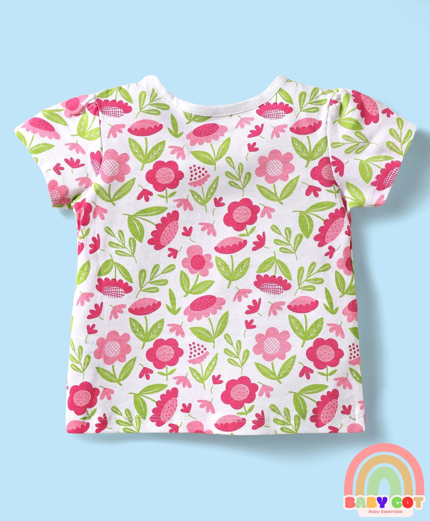 100% Cotton Knit Half Sleeves Floral Printed T-Shirt & Lounge Pant Set - White & Dark Pink