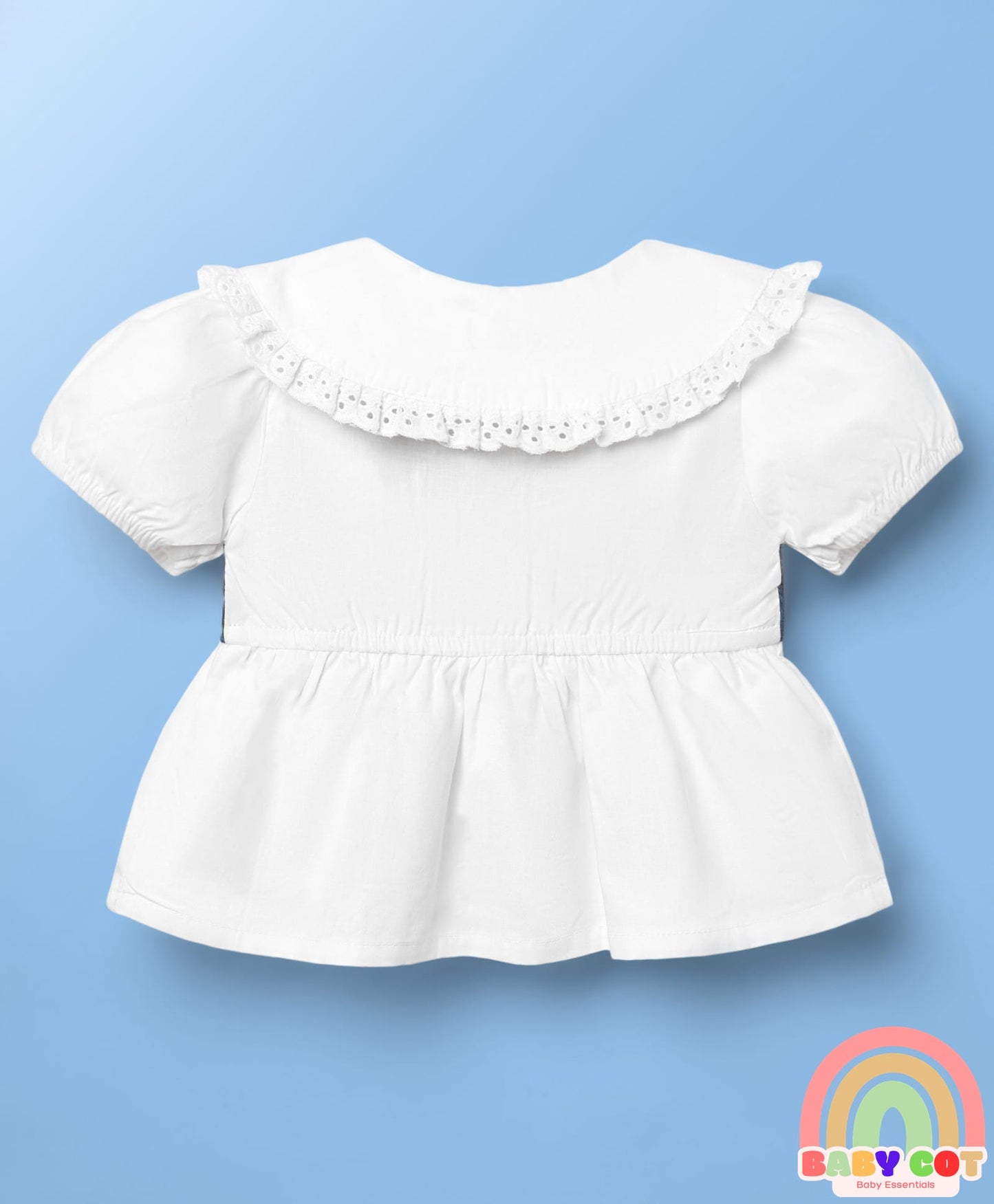 Cotton Elastane Knit Half Sleeves Top & Shorts Set With Schiffli Detailing & Bow Applique - White & Navy Blue