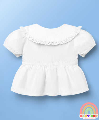 Cotton Elastane Knit Half Sleeves Top & Shorts Set With Schiffli Detailing & Bow Applique - White & Navy Blue