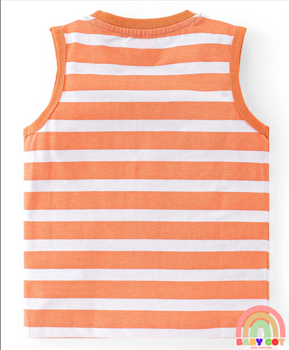 100% Cotton Knit Sleeveless T-Shirt Stripes & Bear Graphics Pack Of 3 - Multicolor