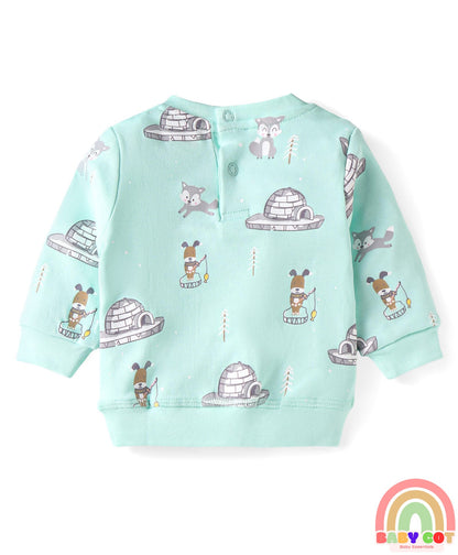 Terry Knit Full Sleeves Puppy Printed T-Shirt & Jogger Set - Blue & Cream