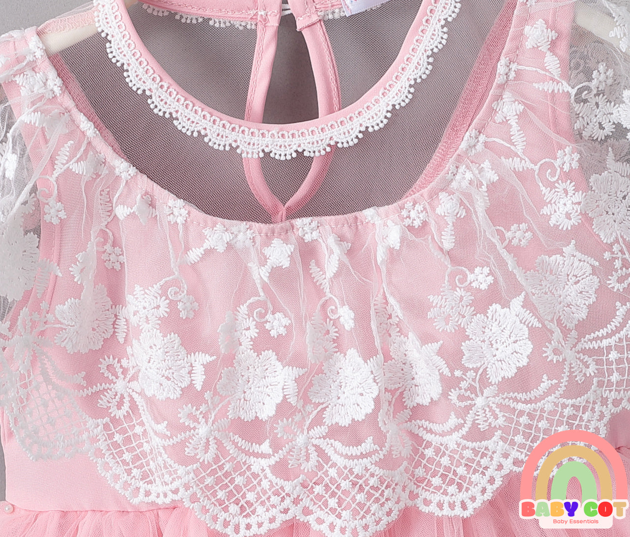 Sleeveless Mesh Frock with Floral Corsage - Pink