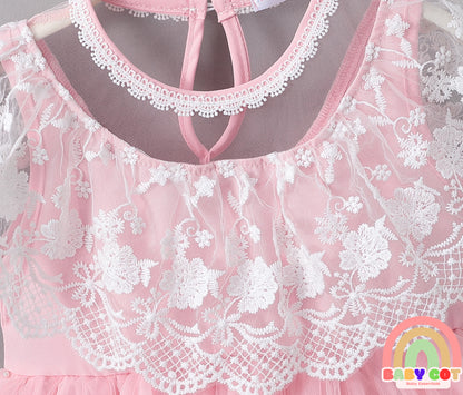 Sleeveless Mesh Frock with Floral Corsage - Pink