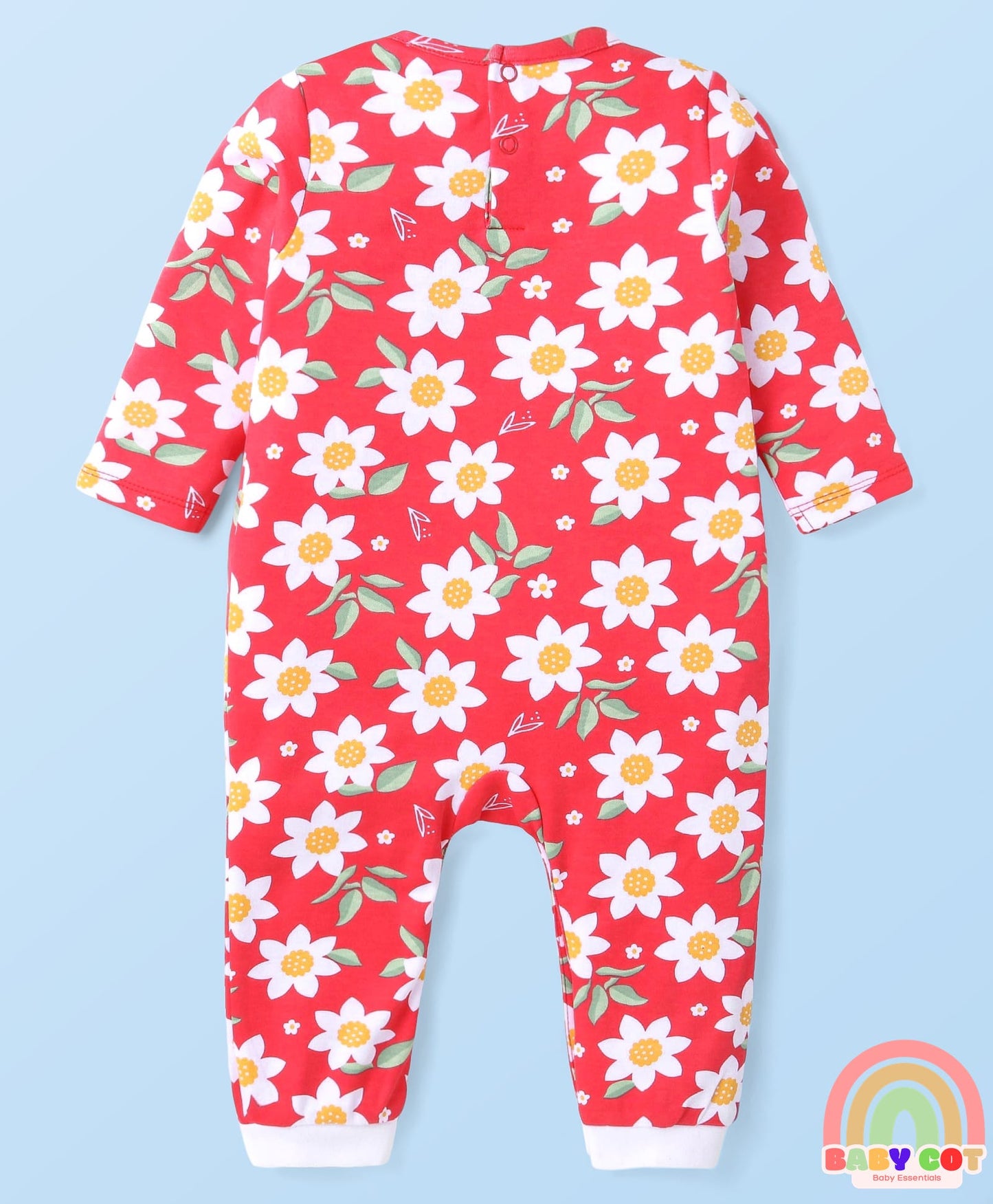 100% Cotton Knit Full Sleeves Floral Printed Romper with Hairband & Frill Detailing - Red