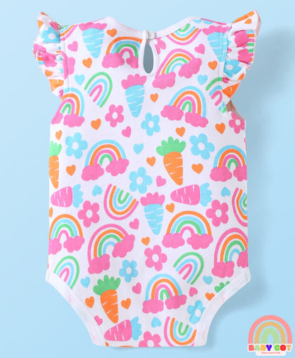 100% Cotton Interlock Knit Sleeveless Onesie with Hair Band Booties & Mittens with Floral & Tropical Print - White & Pink