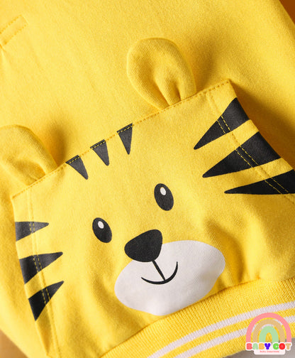 Cotton Knit Full Sleeves Hooded Sweatshirt with Tiger Print & Kangaroo Pocket - Yellow