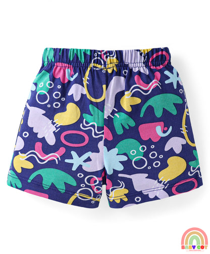 Cotton Single Jersey Knit Mid Thigh Shorts With Floral & Polka Dot Print Pack of 3 - Pink Navy & Yellow