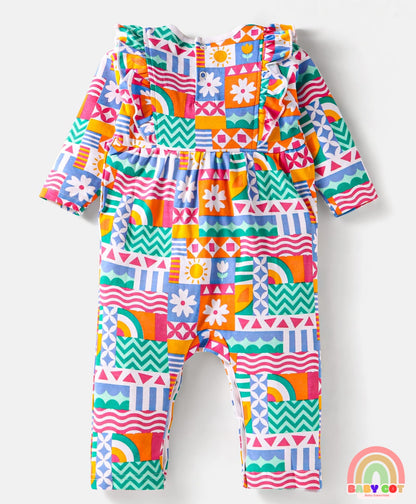 Interlock Knit Full Sleeves Romper With Floral Print & Hairband - Green