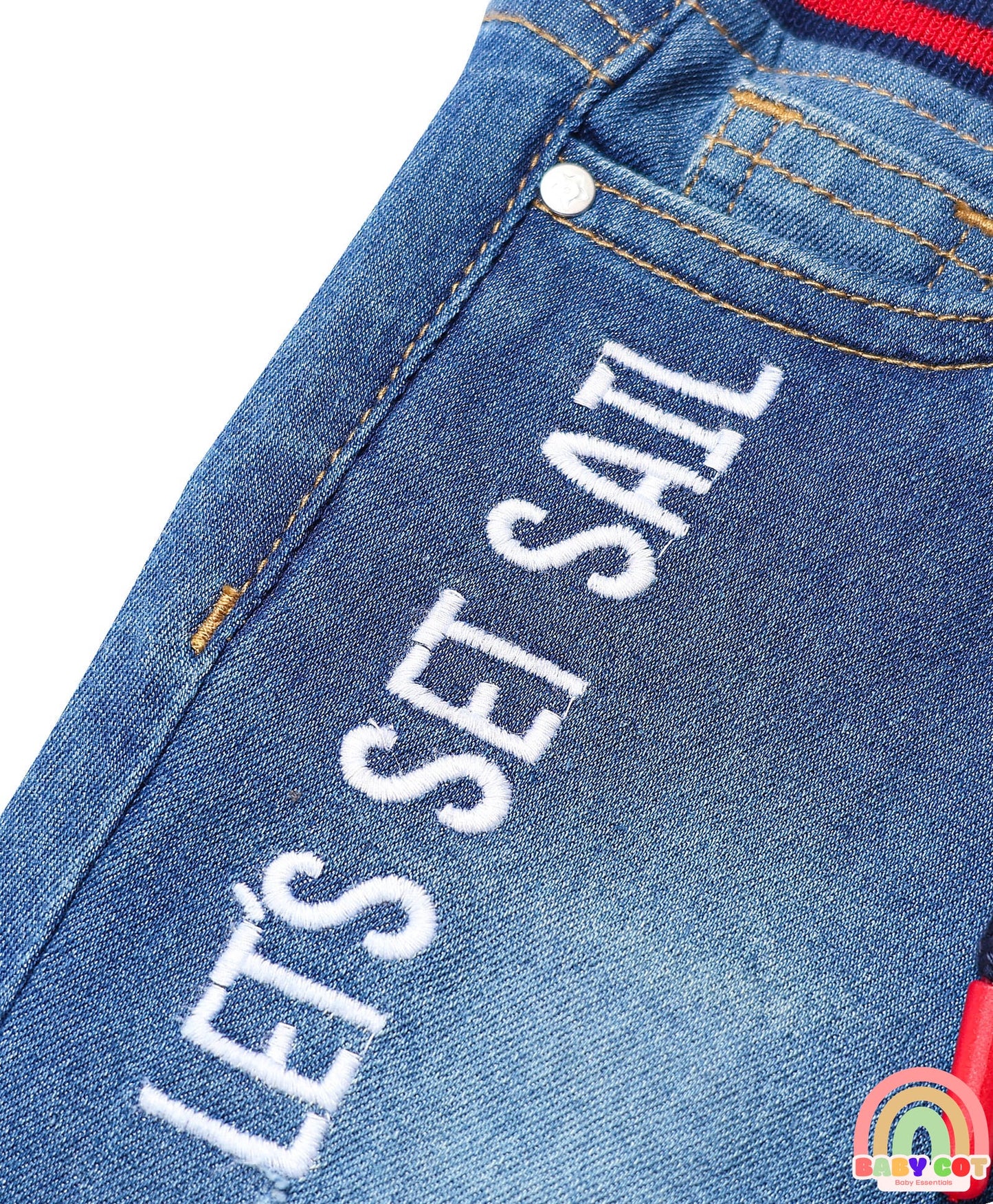 Cotton Denim Full Length Washed Jeans With Stretch & Logo Text Print - Blue