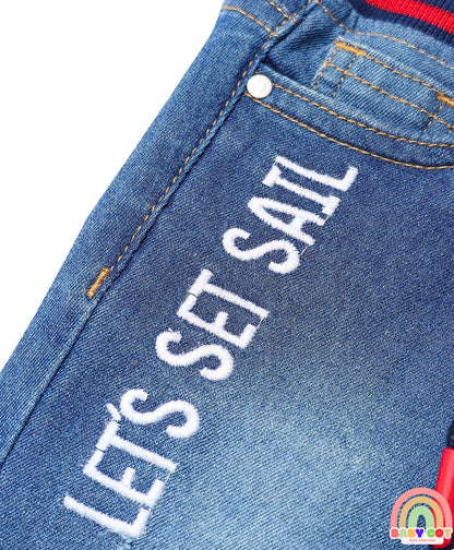 Cotton Denim Full Length Washed Jeans With Stretch & Logo Text Print - Blue