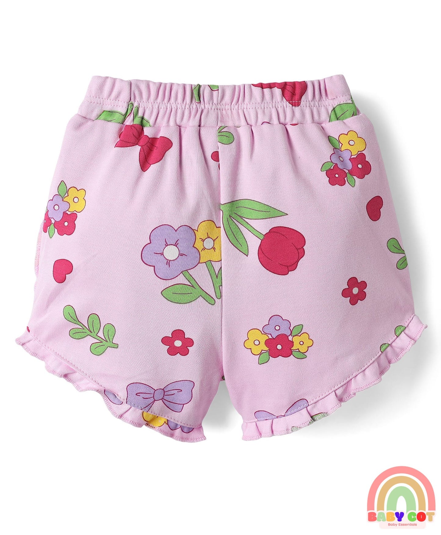 100% Cotton Interlock Knit Shorts with Eco Jiva Finish Floral Print & Bow Applique Pack of 3 - Dark Pink Yellow & Lavender