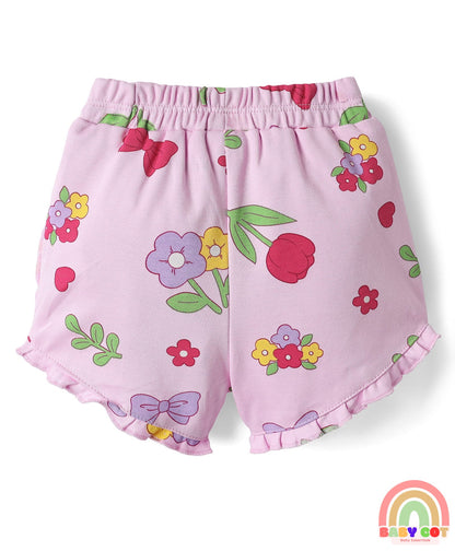 100% Cotton Interlock Knit Shorts with Eco Jiva Finish Floral Print & Bow Applique Pack of 3 - Dark Pink Yellow & Lavender