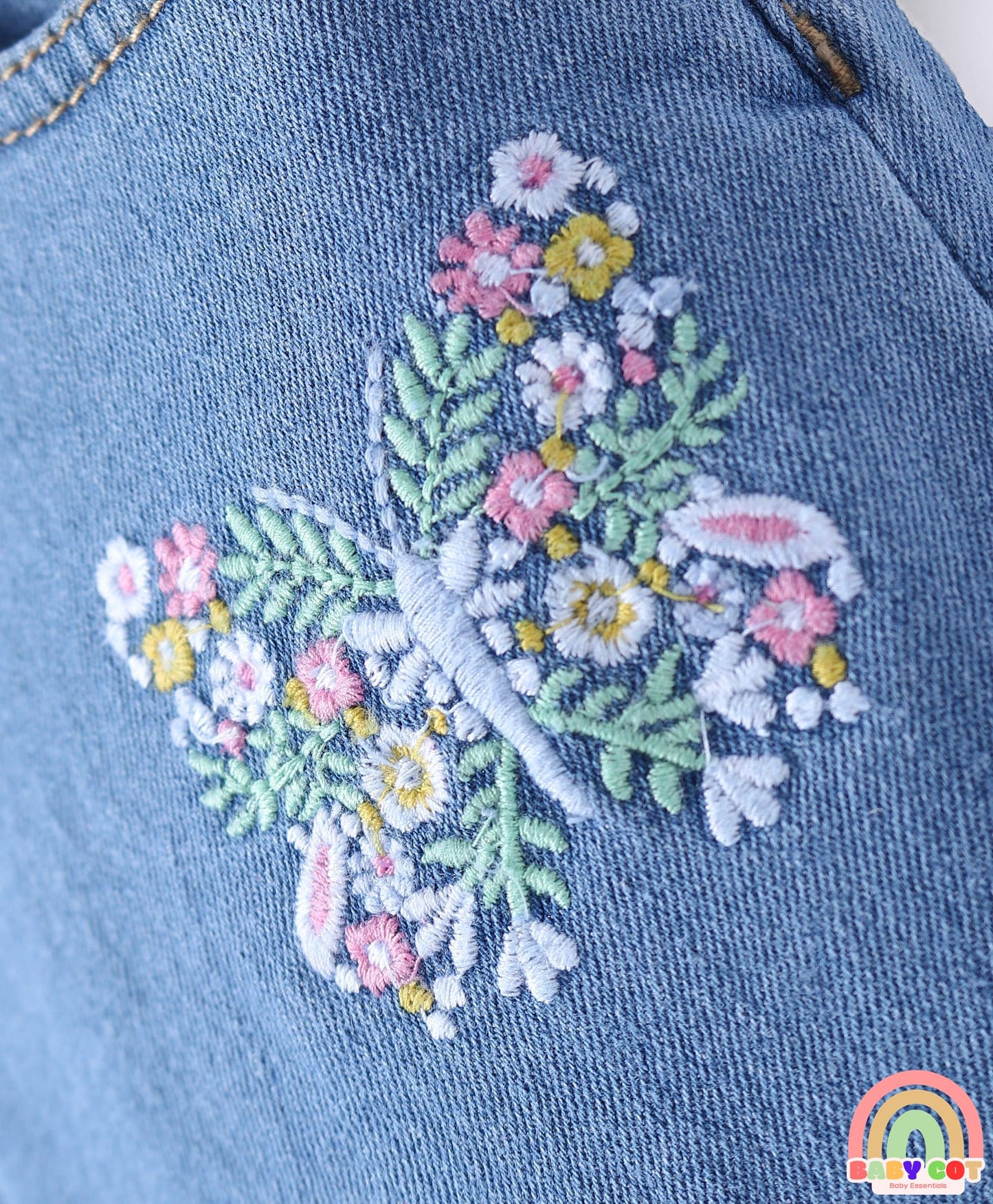 Woven Full Length Washed Denim Jeans With Stretch & Floral Embroidery - Blue