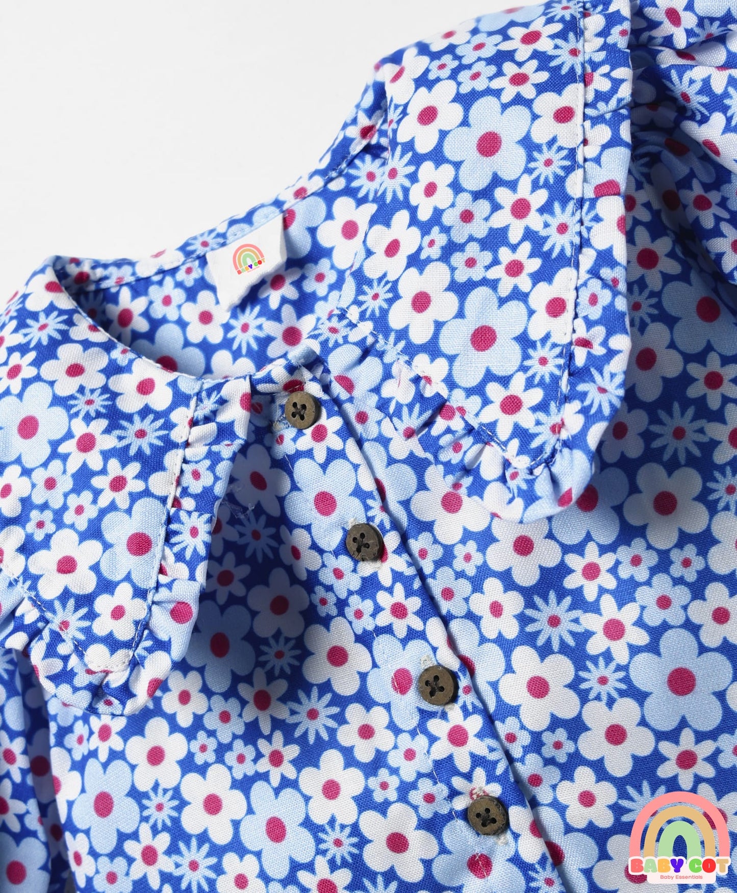 Woven Half Puffed Sleeves Peter Pan Collared Top with Floral Print - Blue
