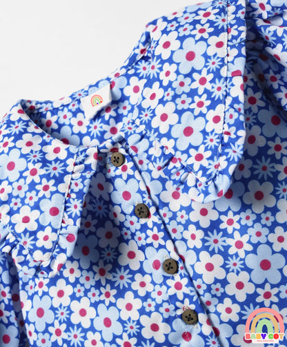 Woven Half Puffed Sleeves Peter Pan Collared Top with Floral Print - Blue