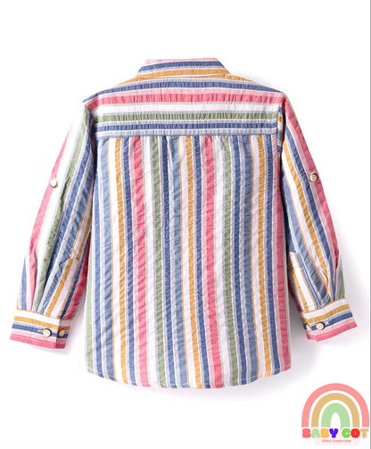 Cotton Woven Full Sleeves Mandarin Collar Shirt with Stripes - White & Pink