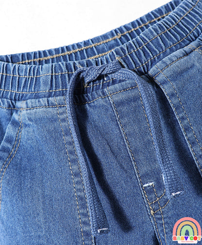 Cotton Full Length Stretchable Denim Jeans with Team Varsity 38 Print - Blue