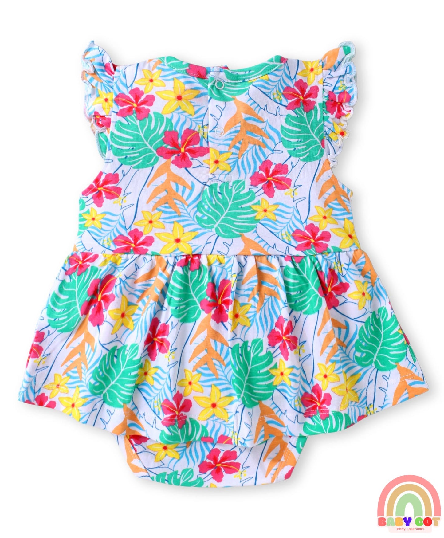 Single Jersey Knit Sleeveless Frock Style Onesie With Floral Print & Hairband - White