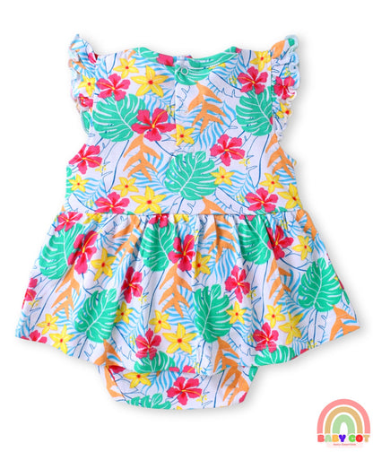 Single Jersey Knit Sleeveless Frock Style Onesie With Floral Print & Hairband - White