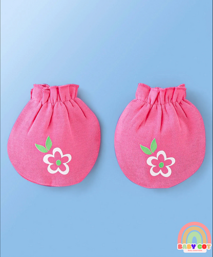 100% Cotton Knit Cap Mittens & Booties Set Floral Print Pack of 2 Pink & White - Diameter 12 cm
