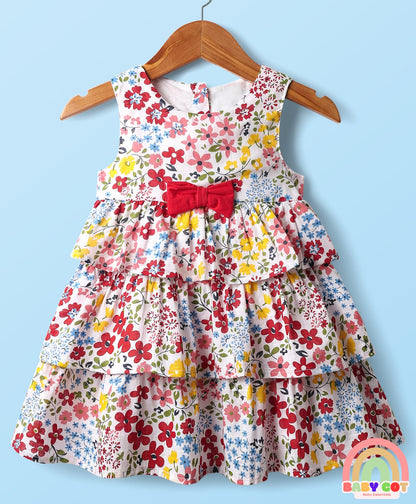 Cotton Knit Half Sleeves Shrug With Floral Printed Layered Frock with Bow Applique - Red