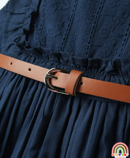 Cotton Woven Sleeveless Solid Frock With Belt - Navy Blue
