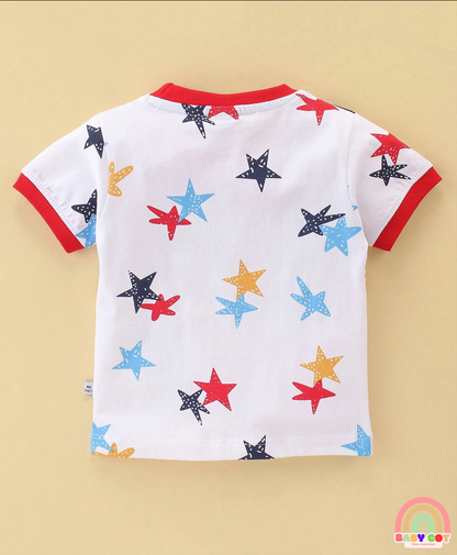 100% Cotton Knit Half Sleeves T-Shirt & Shorts With Star Print - White & Navy Blue