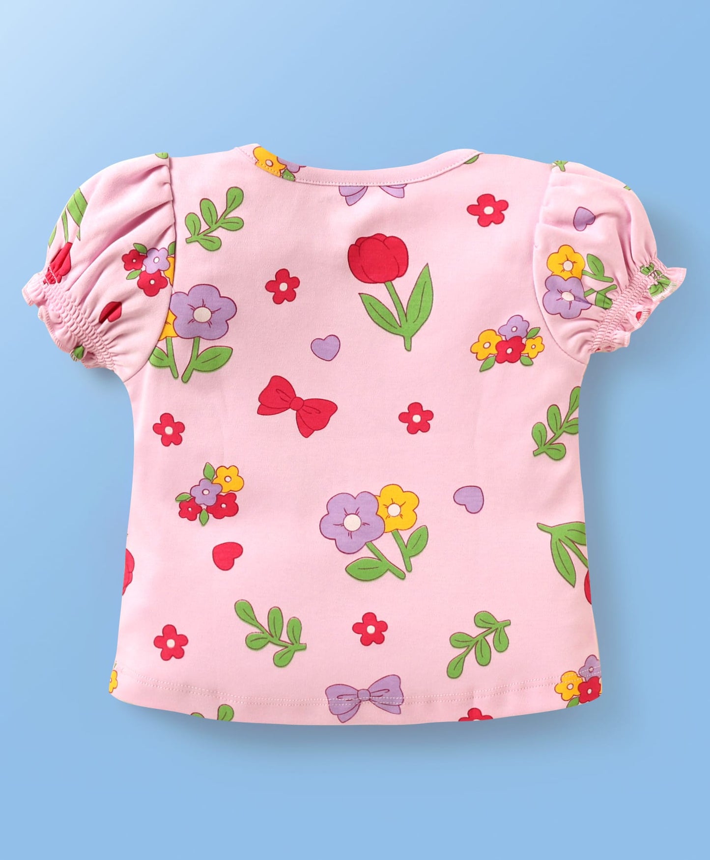 100% Cotton Knit With Eco Jiva Finish Half Puffed Sleeves T-Shirts with Floral Print & Bow Applique Pack of 2 - Yellow & Pink