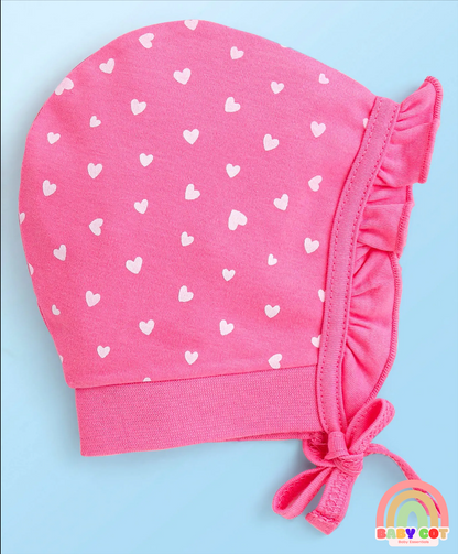 100% Cotton Interlock Knit Caps With Hearts & Floral Print Pack of 2 - Pink & White