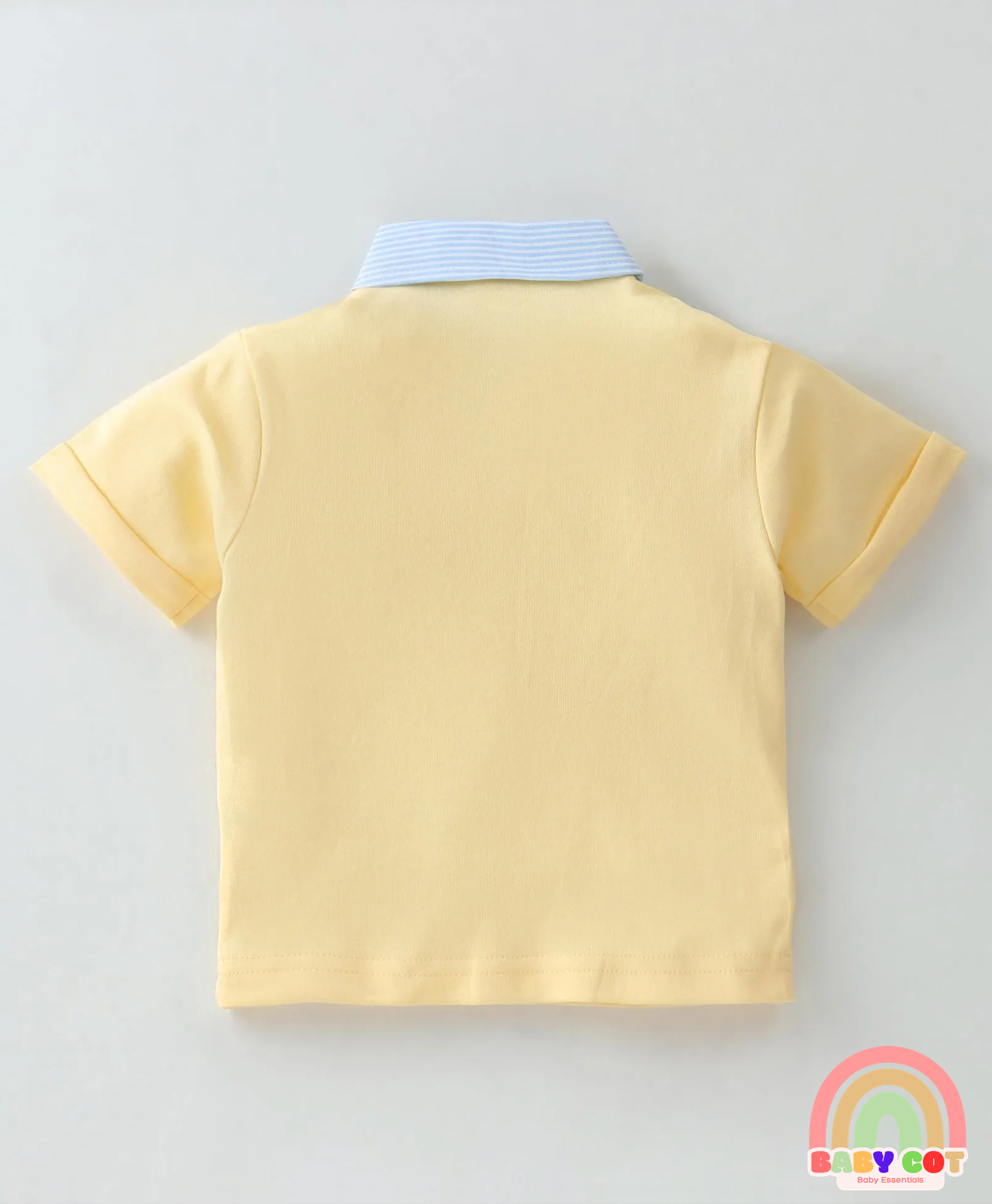 100% Cotton Knit Half Sleeves Polo T-Shirt & Woven Striped Shorts Set With Bicycle Print - Light Yellow & Sky Blue
