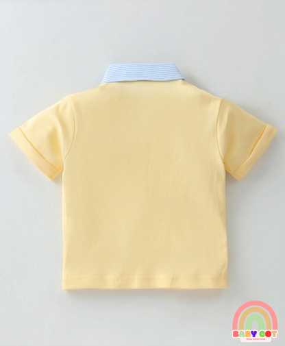 100% Cotton Knit Half Sleeves Polo T-Shirt & Woven Striped Shorts Set With Bicycle Print - Light Yellow & Sky Blue