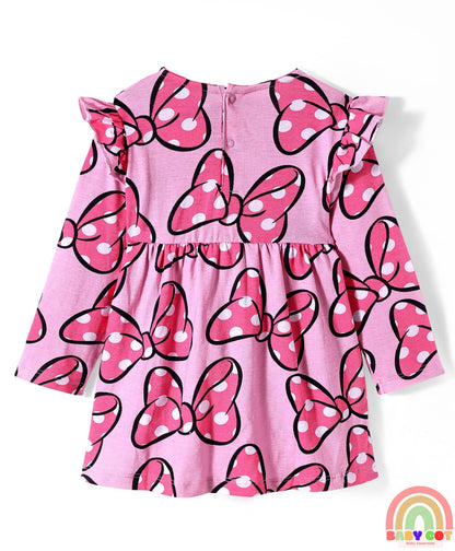 Single Jersey Knit Full Sleeves Frocks With Minnie Mouse Graphics & Frill Detailing Pack of 2 - Pink & Navy Blue