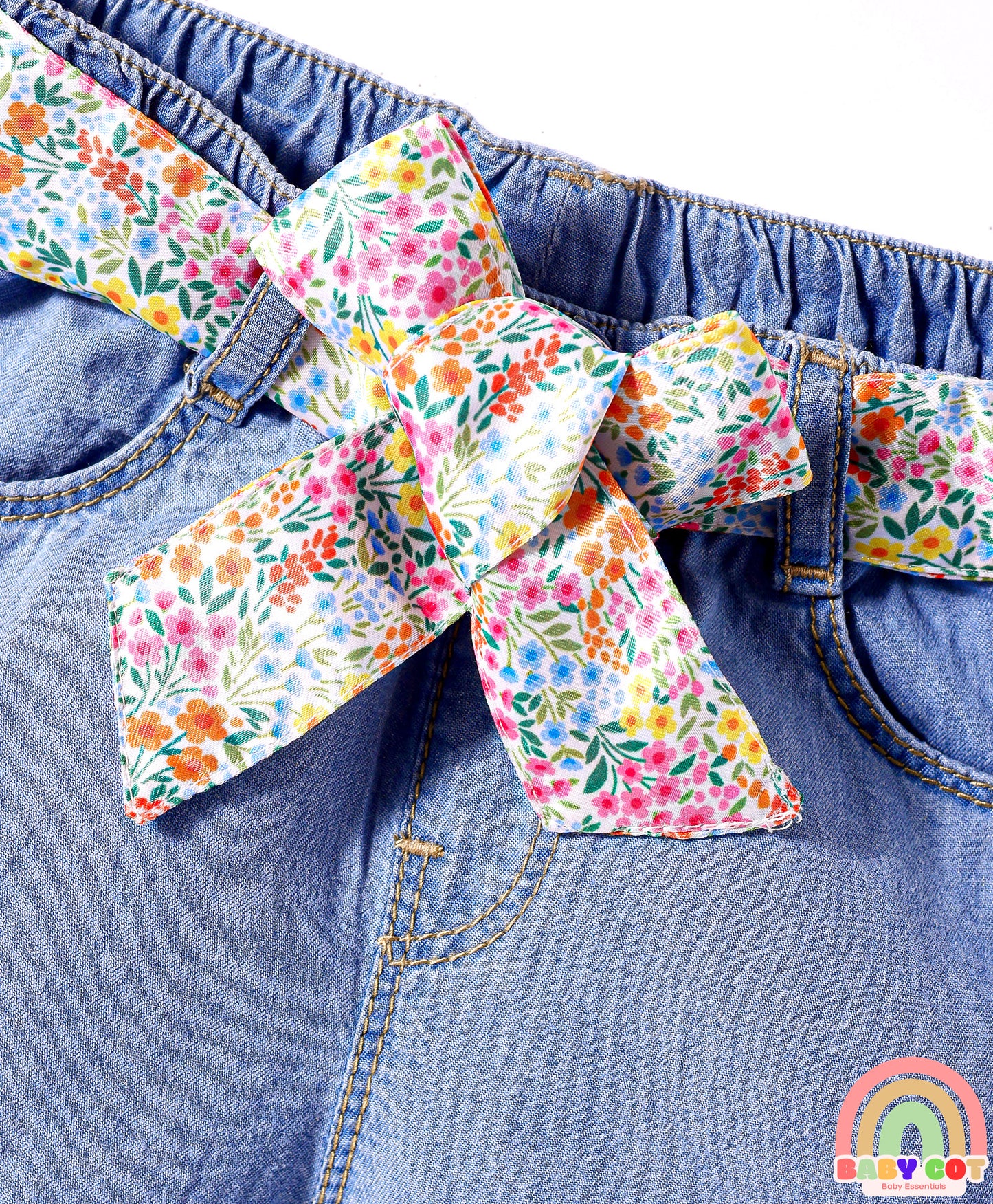 Mid Thigh Washed Denim Shorts With Belt - Blue