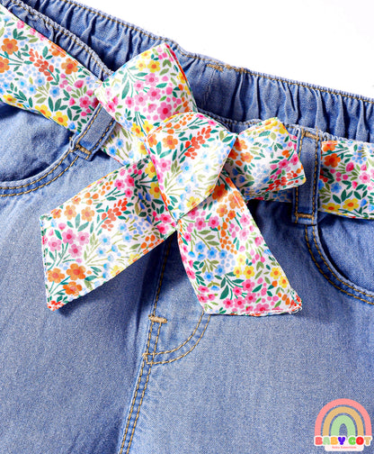 Mid Thigh Washed Denim Shorts With Belt - Blue