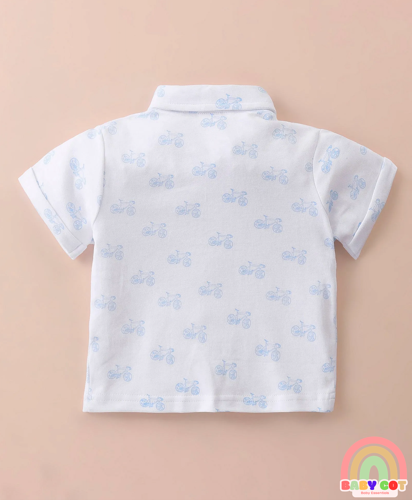 100% Cotton Knit Half Sleeves Printed Polo T-Shirt & Woven Cotton Checkered Shorts With Bow & Suspender - White & Blue
