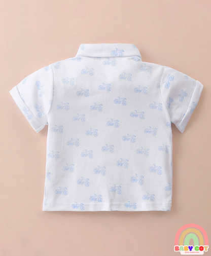 100% Cotton Knit Half Sleeves Printed Polo T-Shirt & Woven Cotton Checkered Shorts With Bow & Suspender - White & Blue