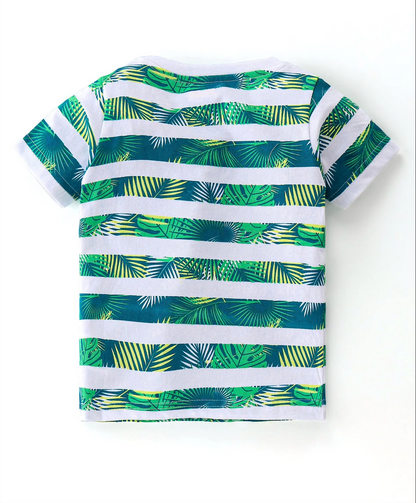 Cotton Knit Half Sleeves T-Shirts Tropical Graphic Print Pack of 3 - Blue & Green