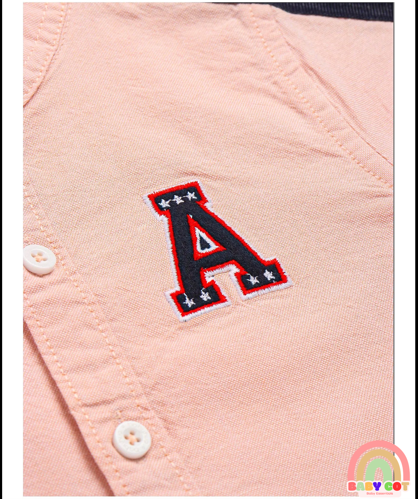 Cotton Woven Half Sleeves Solid Color Shirt With Mandarin Collar Text Embroidered - Light Peach