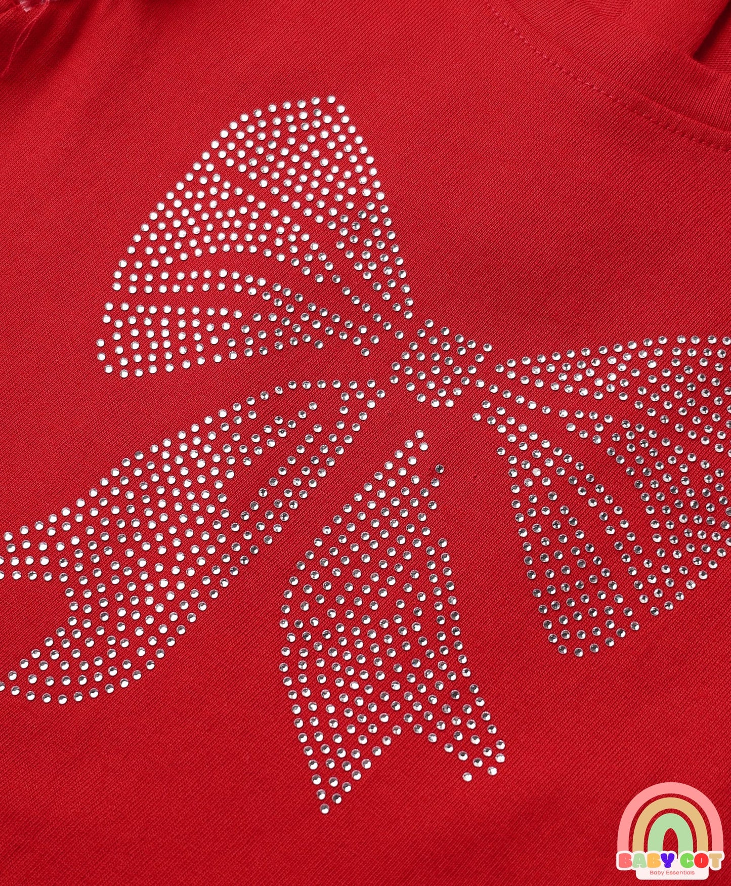 100% Cotton Knit Frill Sleeves Top with Rhinestone Detailing - Red