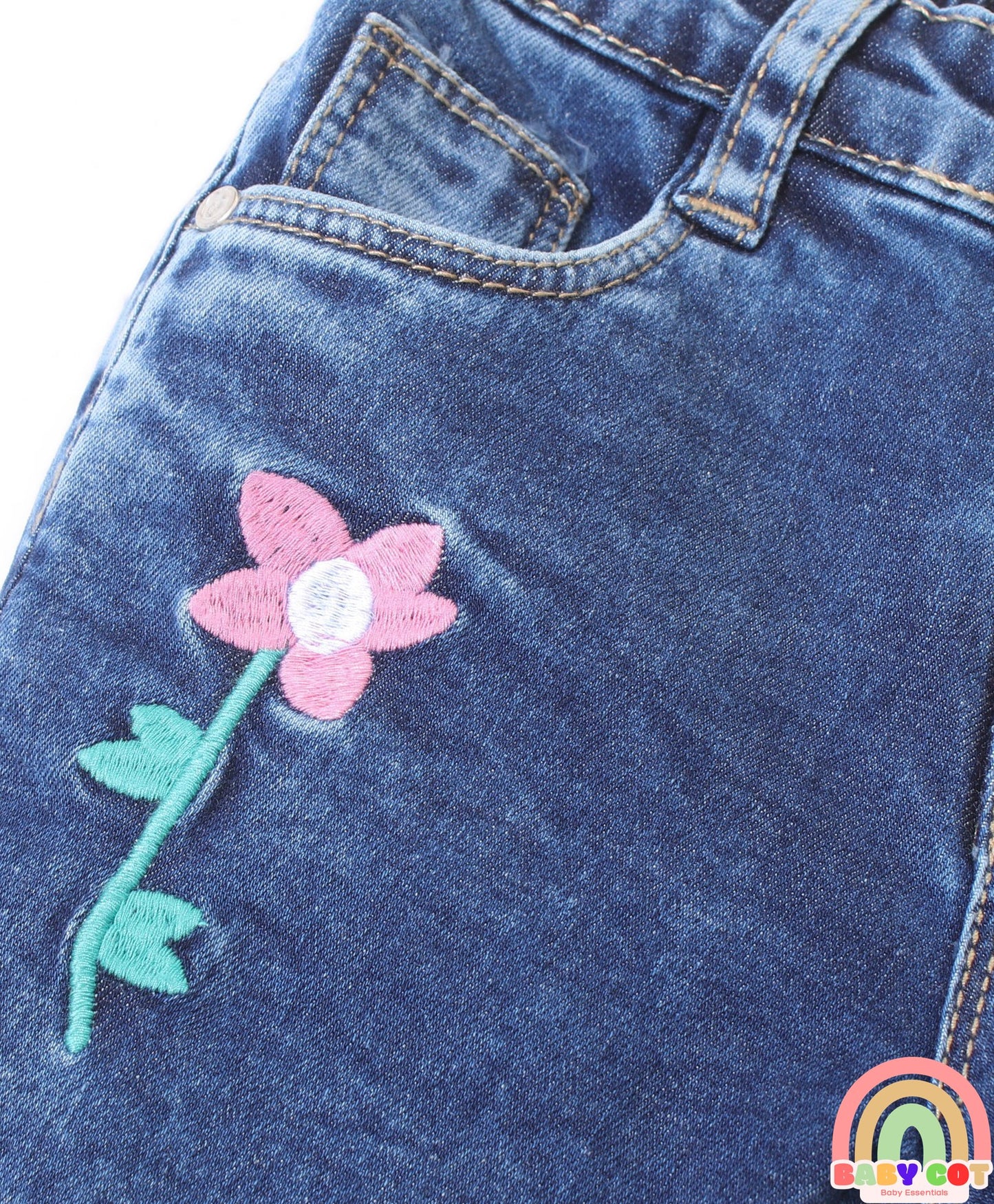 Denim Washed Full Length Stretchable Jeans With Floral Embroidery - Blue