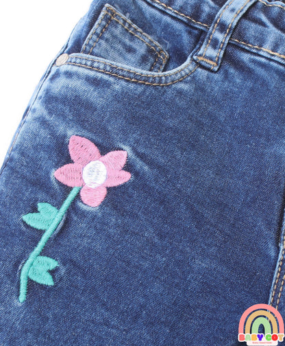 Denim Washed Full Length Stretchable Jeans With Floral Embroidery - Blue