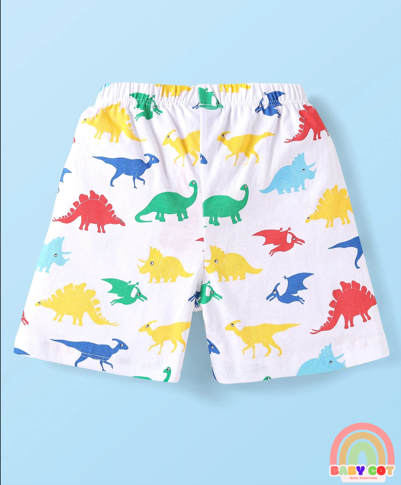 Single Jersey Knit Shorts with Stripes & Dino Print Pack of 3 - Yellow & White