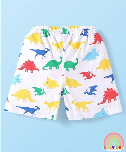 Single Jersey Knit Shorts with Stripes & Dino Print Pack of 3 - Yellow & White