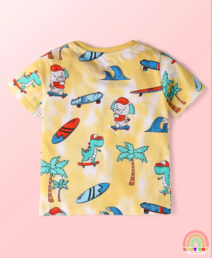 Single Jersey Knit Half Sleeves T-Shirt & Shorts Set With Beach Theme Print - Yellow & Blue