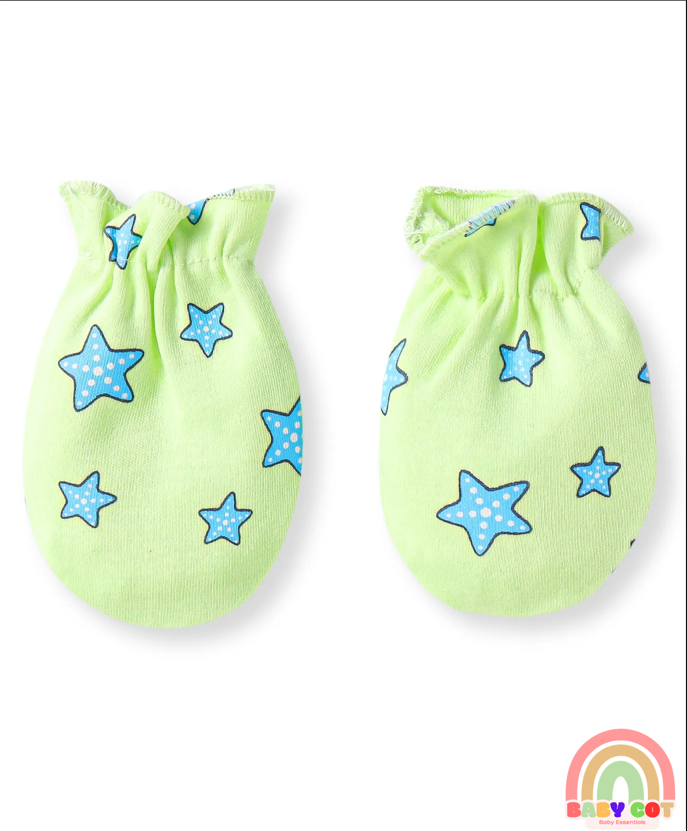 100% Cotton Knit Cap Mittens & Booties With Star Print - Light Green